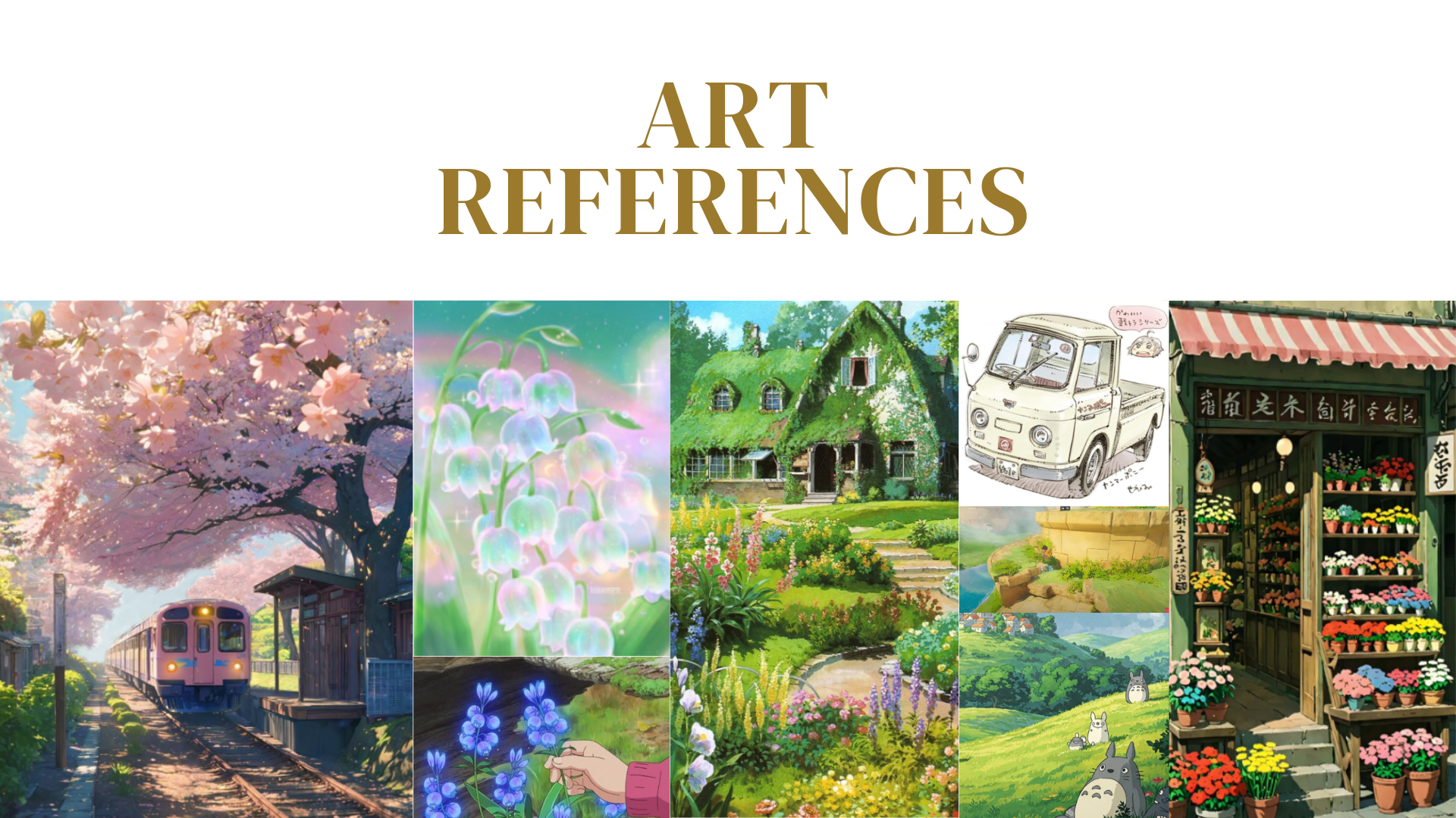 Art direction mood board, Ghibli cherry blossom, Totoro, and flower shop aesthetic references